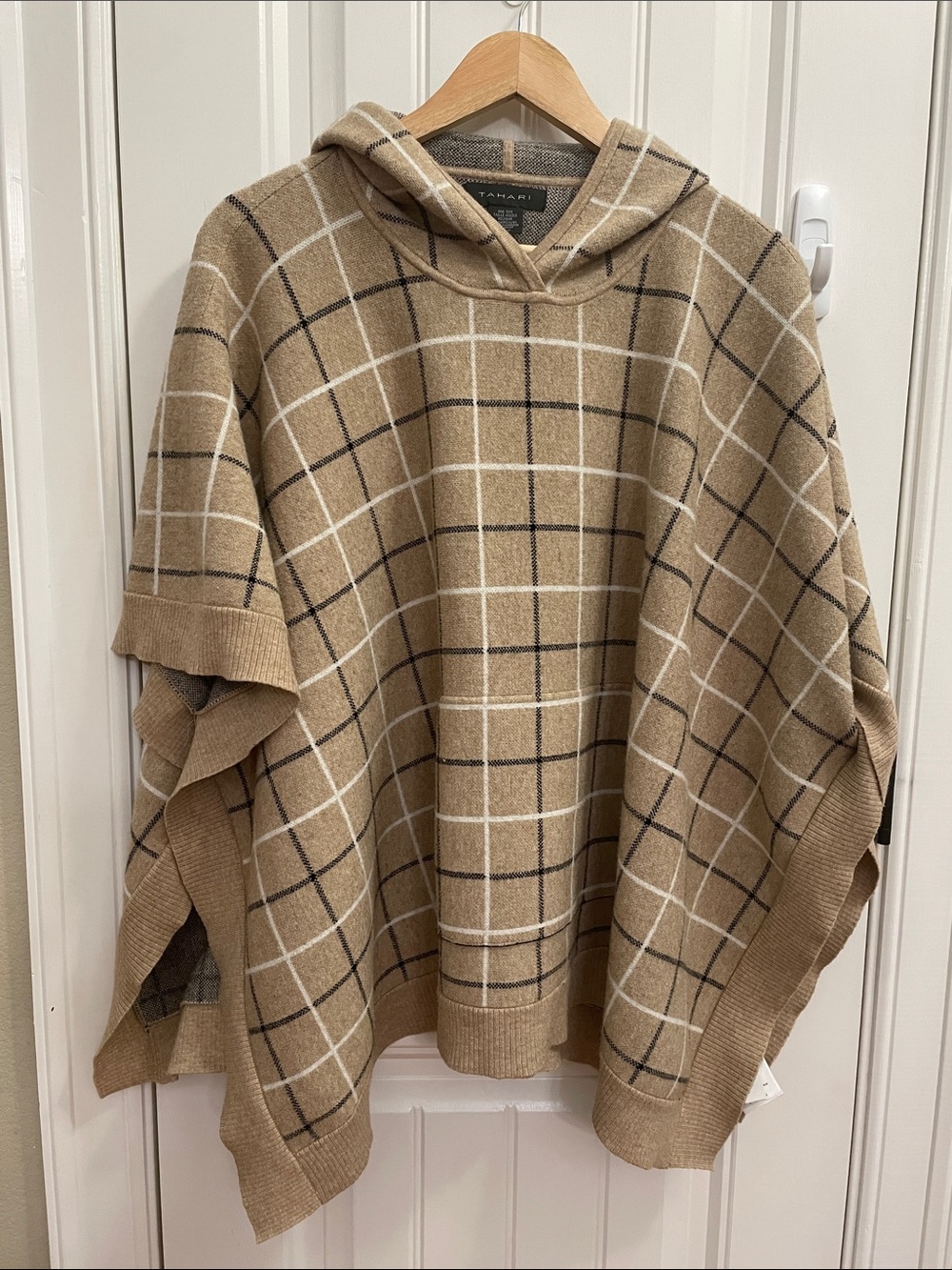 Tahari Beige and Cream Windowpane Hooded Poncho Sweater